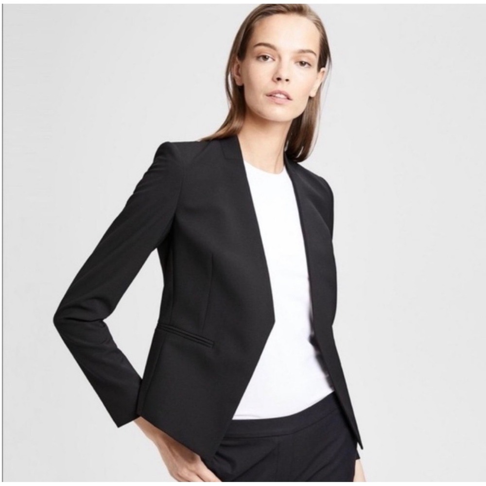 Theory Delaven Edition Black Stretch Wool Collarless Open Front Blazer Jacket 4